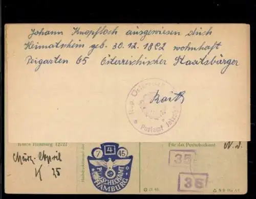 Zahlungsanweisung, Prägestempel "7.4.45 Hamburg" mit Heimatschein