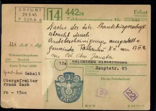 Zahlungsanweisung, Prägestempel "29.3.45 Erfurt" mit Heimatschein