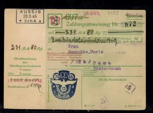 Zahlungsanweisung, Prägestempel "20.3.45 Aussig"