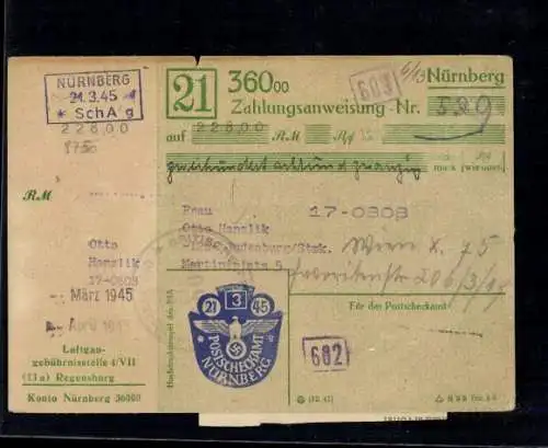 Zahlungsanweisung, Prägestempel "21.3.45 Nürnberg" mit Heimatschein