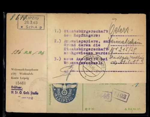 Zahlungsanweisung, Prägestempel "28.3.45 Leipzig" mit Heimatschein