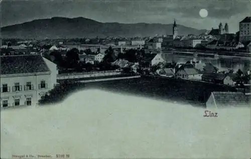 Mondschein Ak Linz an der Donau Oberösterreich, Totalansicht