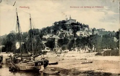 Ak Hamburg Blankenese, Ort mit Süllberg am Elbstrand, Boote