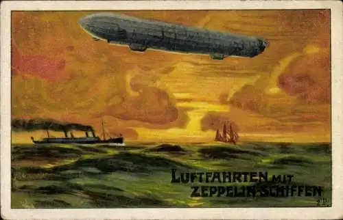 Ak Luftfahrten mit Zeppelin Schiffen, Luftschiff, Zeppelin, Reklame