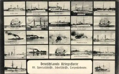 Ak Deutschlands Kriegsflotte, Spezialschiffe, Schulschiffe, SMS Möwe, SMS Tiger, SMS Eber, SMS Blitz