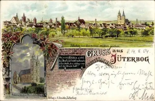 Mondschein Litho Jüterbog in Brandenburg, Gesamtansicht, Nikolaikirche