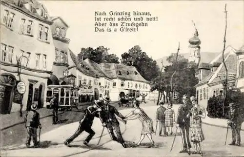 Künstler Ak Wien 19. Döbling, Nach Grinzing hinaus, Betrunkene Passanten, Gruß vom Heurigen