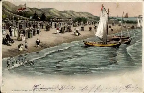 Litho Świnoujście Swinemünde Pommern, Strand, Segelboote