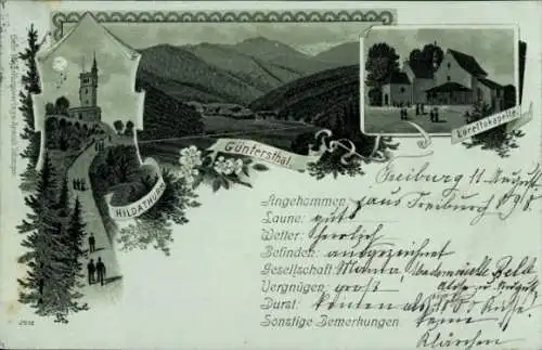 Mondschein Litho Günterstal Freiburg im Breisgau, Lorettokapelle, Hildaturm