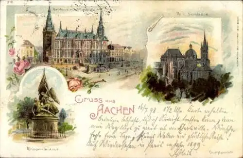 Litho Aachen, Rathaus, Marktplatz, Kriegerdenkmal, Dom