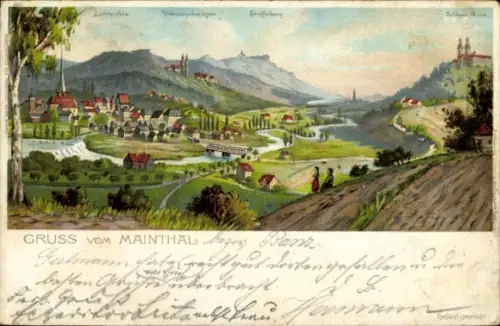 Litho Bad Staffelstein am Main Oberfranken, Maintal, Lichtenfels, Vierzehnheiligen