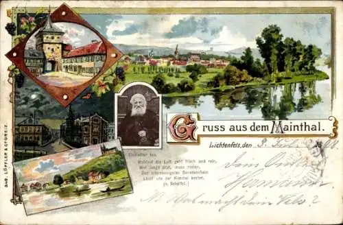 Litho Lichtenfels im Obermainland Oberfranken, Einsiedler Ivo, Stadttor, Main, Flusspartie