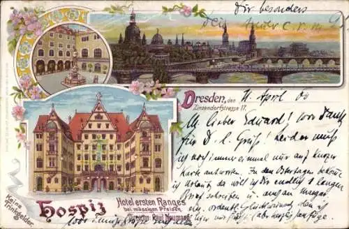 Litho Dresden Altstadt, Hospiz, Hotel Paul Neumann, Zinzendorfstraße 17, Brücke