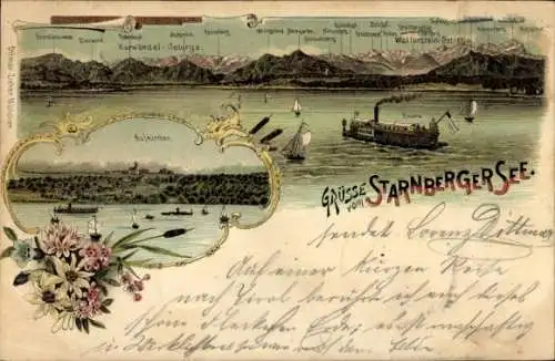 Litho Starnberg am Starnberger See Oberbayern, Karwendel-Gebirge, Dampfer