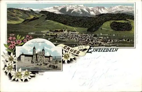 Litho Einsiedeln Kanton Schwyz Schweiz, Kloster Einsiedeln, Gesamtansicht, Edelweiß