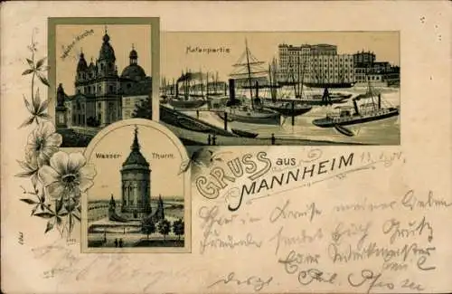 Litho Mannheim in Baden, Wasserturm, Hafen, Jesuiten-Kirche