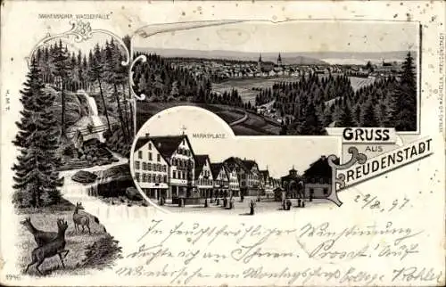 Litho Freudenstadt im Schwarzwald, Wasserfälle, Marktplatz, Totalansicht