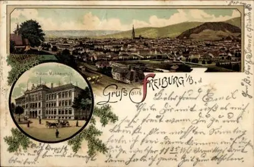 Litho Freiburg im Breisgau, Gesamtansicht, Höhere Mädchenschule