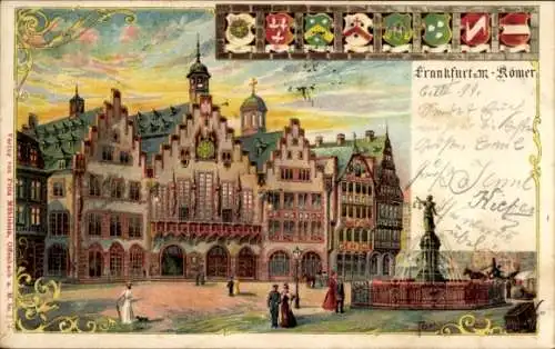 Künstler Wappen Litho Frankfurt am Main, Platz, Springbrunnen