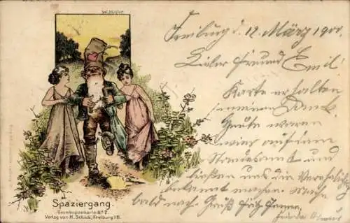 Künstler Litho Zwerg, Zwei Frauen, Spaziergang, Blumen