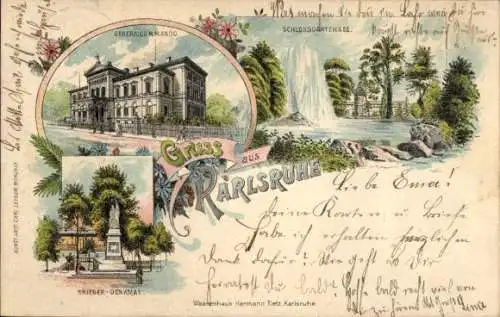 Litho Karlsruhe in Baden, Generalkommando, Schlossgartensee, Kriegerdenkmal