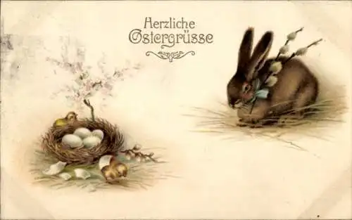 Ak Glückwunsch Ostern, Osterhase, Küken, Weidenkätzchen