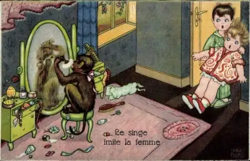 Künstler Ak Boriss, Margret, Affe macht sich vor dem Spiegel hübsch, Überraschte Kinder