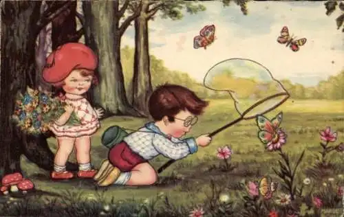 Künstler Ak Boriss, Margret, Junge mit Schmetterlingsnetz, Schmetterlinge, Mädchen, Amag 0321