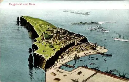 Ak Nordseeinsel Helgoland, Gesamtansicht mit Düne, Schiffe