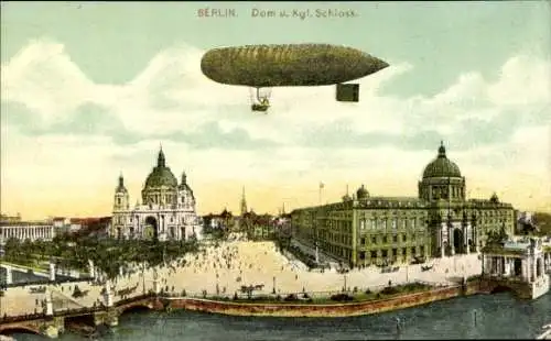 Ak Berlin Mitte, Dom und das königliche Schloss, Zeppelin