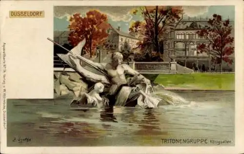 Litho Düsseldorf am Rhein, Königsallee, Tritonengruppe