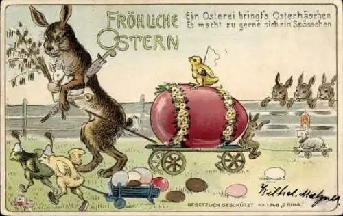 Litho Glückwunsch Ostern, Osterhase, Küken, Ostereier