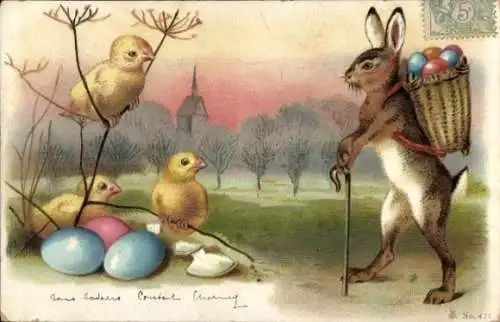 Litho Glückwunsch Ostern, Küken, Osterhase, Korb, Ostereier