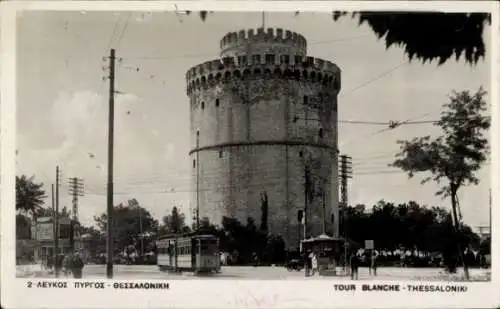 Ak Thessaloniki Griechenland, Tour Blanche, Weißer Turm, Straßenbahn
