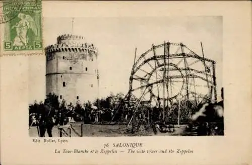 CPA Salonique Thessalonique Grèce, La Tour Blanche et le Zeppelin abattu le 5 Mai 1916