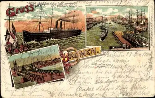 Litho Hansestadt Bremen, Hafen, Dampfschiff des NDL, Brücke