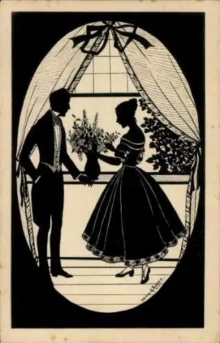 Scherenschnitt Künstler Ak Grosze, M., Liebespaar, Geschenk, Blumen