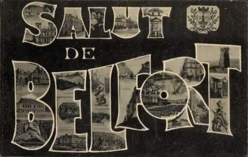 Buchstaben Ak Belfort Beffert Beffort Territoire de Belfort, Teilansichten, Turm, Statue