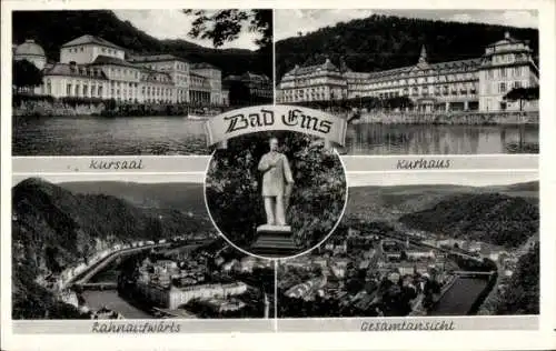 Ak Bad Ems an der Lahn, Kursaal, Kurhaus, Denkmal, Lahnaufwärts, Gesamtansicht