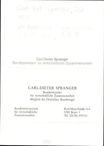 Foto Karl Dieter Spranger, Bundesminister, Autogramm