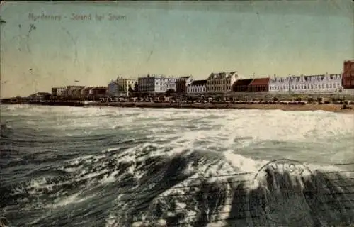 Ak Nordseebad Norderney Ostfriesland, Strand bei Sturm, Blick vom Wasser