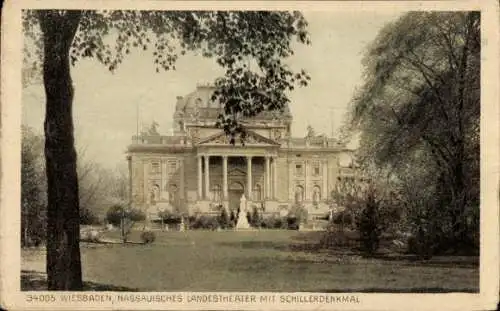 Ak Wiesbaden in Hessen, nassauisches Landestheater, Schillerdenkmal