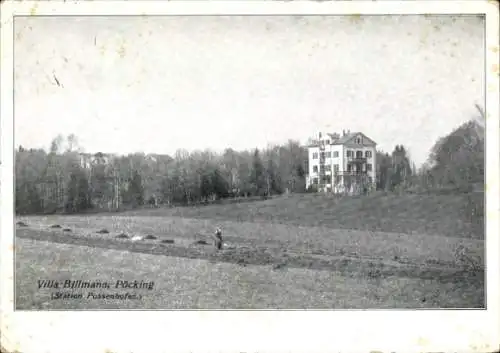 Ak Pöcking im Kreis Starnberg Oberbayern, Villa Billmann, Außenansicht, Feld, Bäuerin