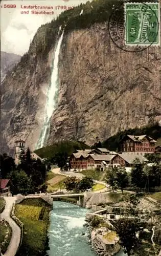 Ak Lauterbrunnen Kt. Bern Schweiz, Teilansicht, Staubbach