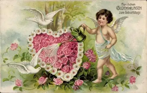 Ak Glückwunsch Geburtstag, Engel gießt ein Rosenherz, Weiße Tauben