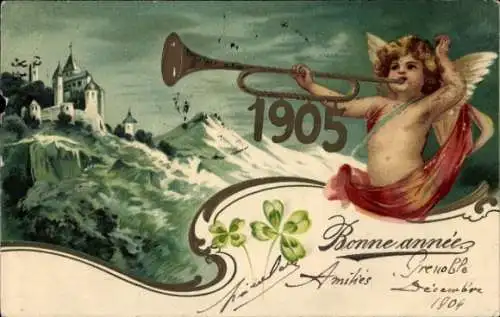 Litho Glückwunsch Neujahr 1905, Engel spielt Trompete, Glücksklee