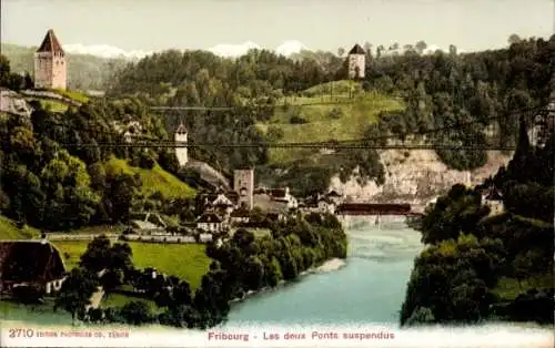Ak Fribourg Freiburg Stadt Schweiz, Zwei Hängebrücken