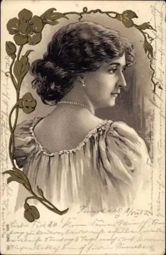 Litho Gemaltes Porträt einer Frau, Perlen, Blumen