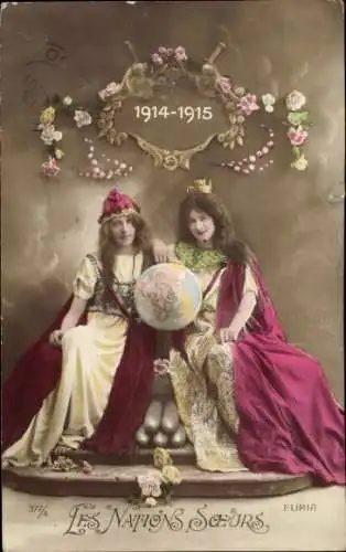 Ak Zwei Herrscherinnen, Globus, Landkarte, Blumen, 1914-1915