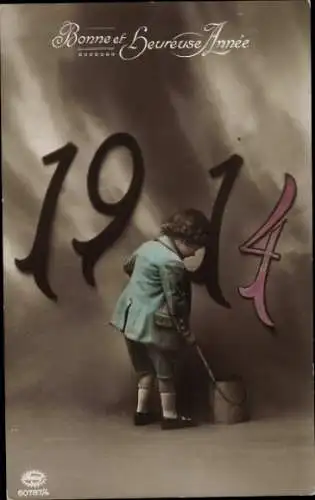 Ak Glückwunsch Neujahr 1914, Kind mit Farbtopf